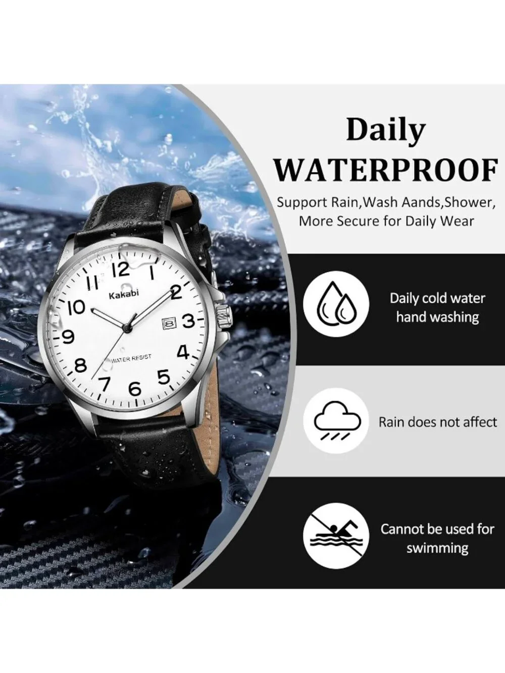 Men's White Black Leather Strap Analog Quartz Waterproof Minimalist Wrist Watch
